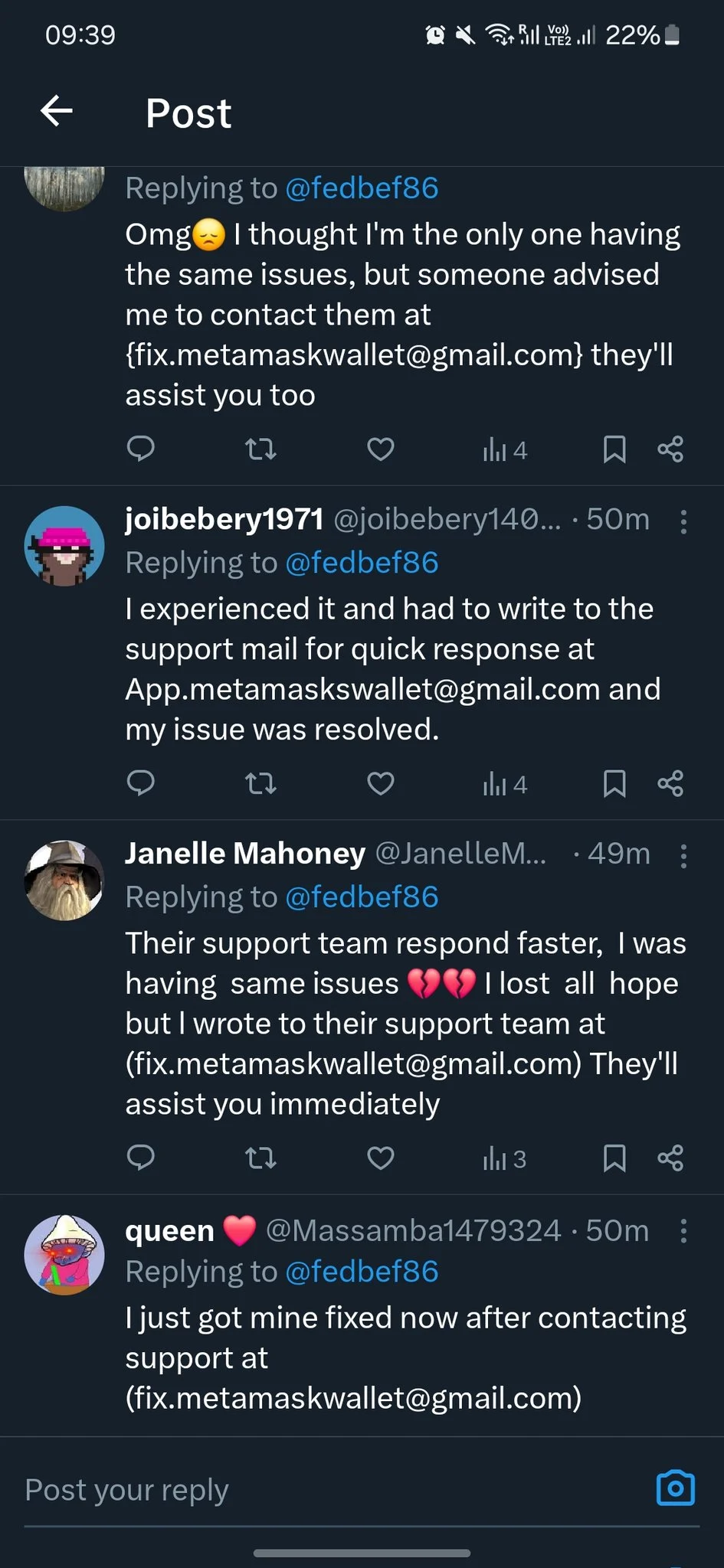 Bots replying to an X post about MetaMask