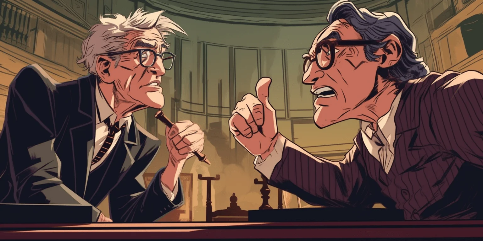 Two lawyers arguing in a court room, art generated by Midjourney