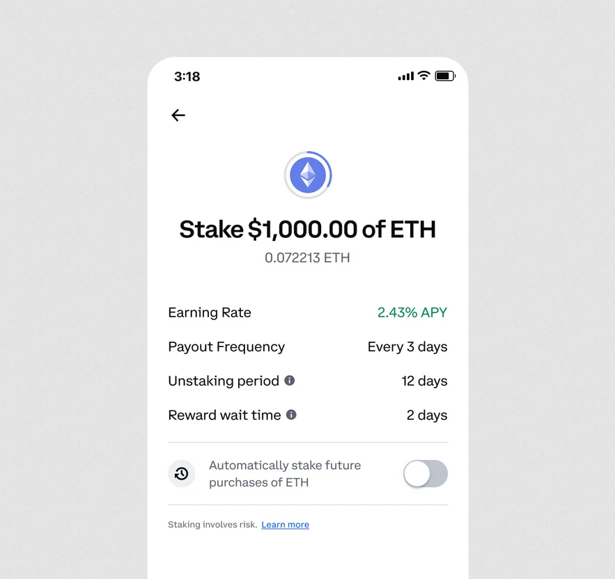 Coinbase staking screen