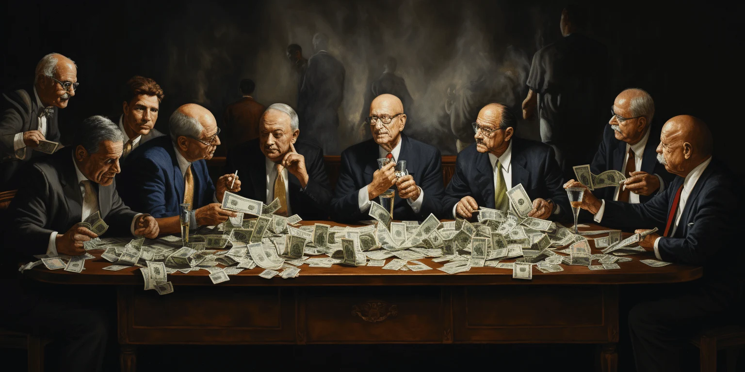 Many rich men sitting around the table comparing who got more dollar bills in stashes, art generated by Midjourney