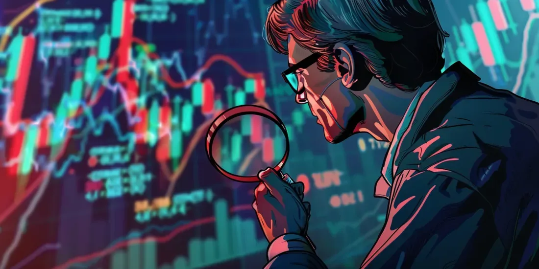 Trader looking closely at a chart pattern through magnifying glass, art by Midjourney. 
