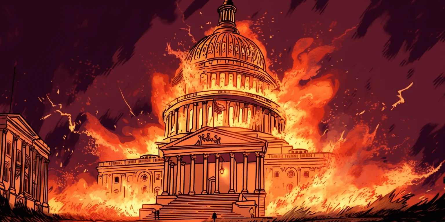 the United States Capitol on fire, art generated by Midjourney