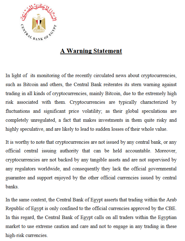 Egypt crypto warning