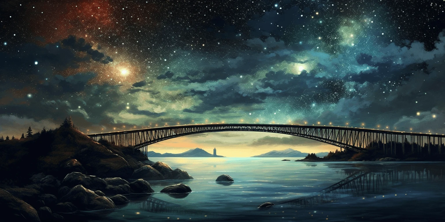 bridge over the sea on a starry night, art generated by Midjourney