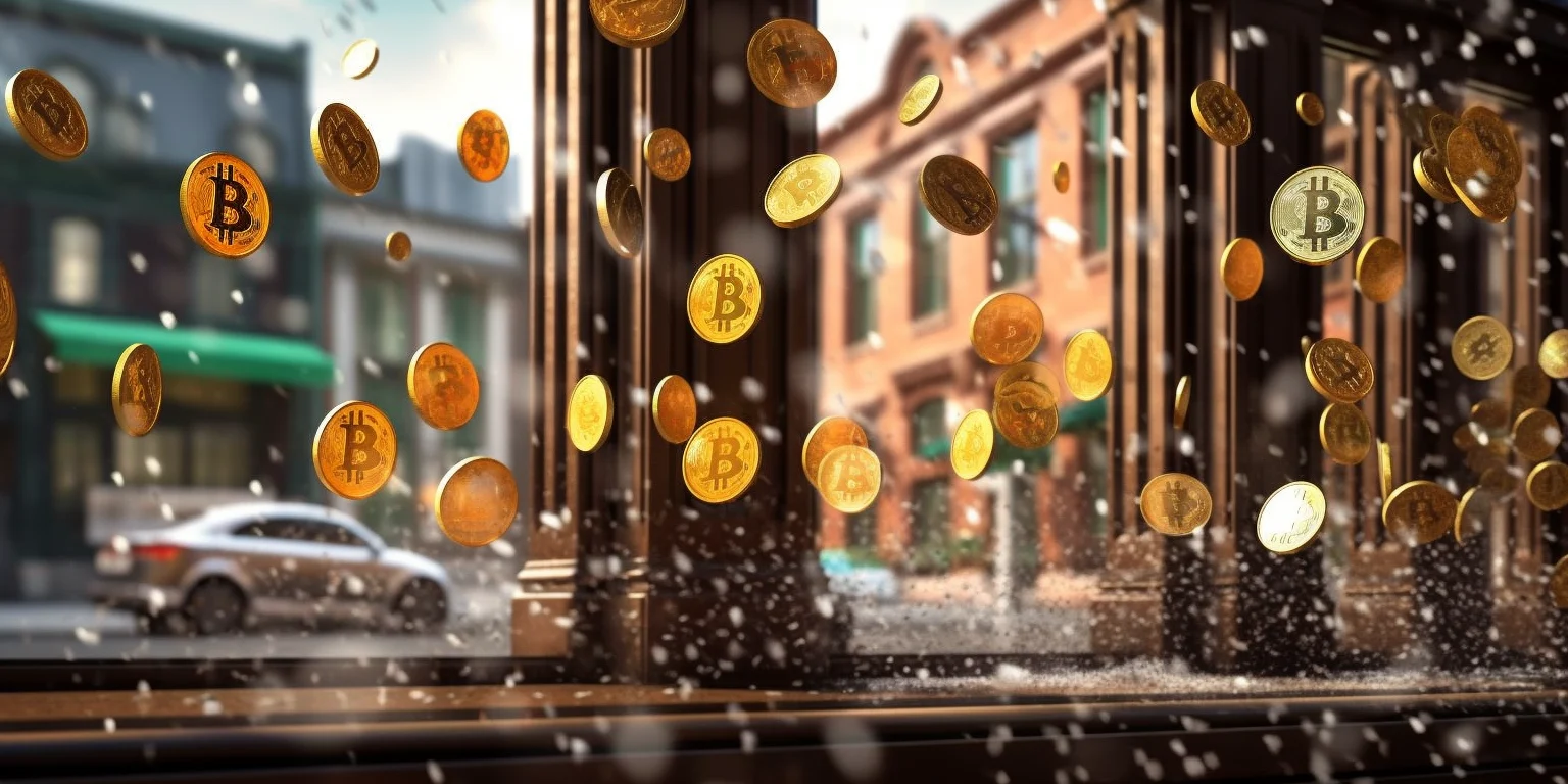 Flying Bitcoin coins in front of the window
