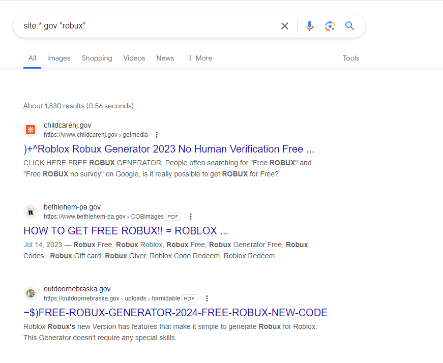 Free Robux scams with gov domains