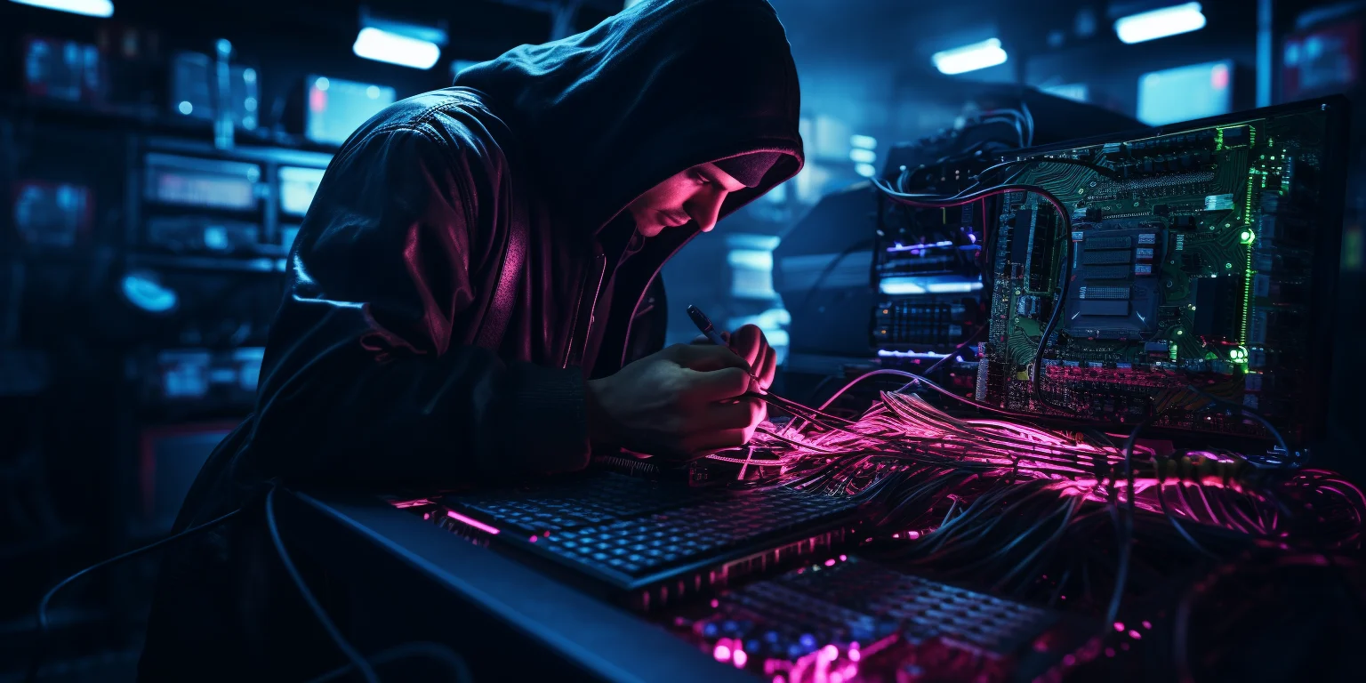 Hacker cutting wires on the server computer