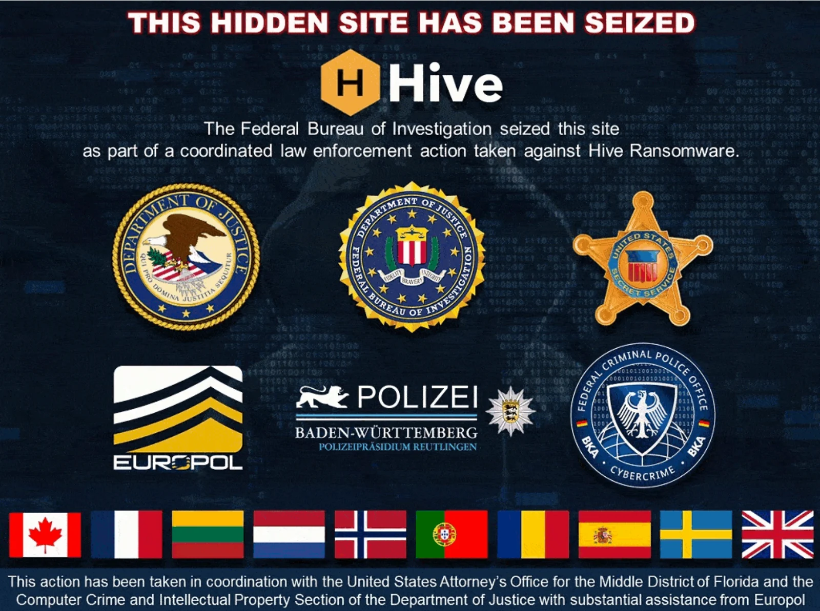 Seizure notice left by the FBI on Hive Tor website