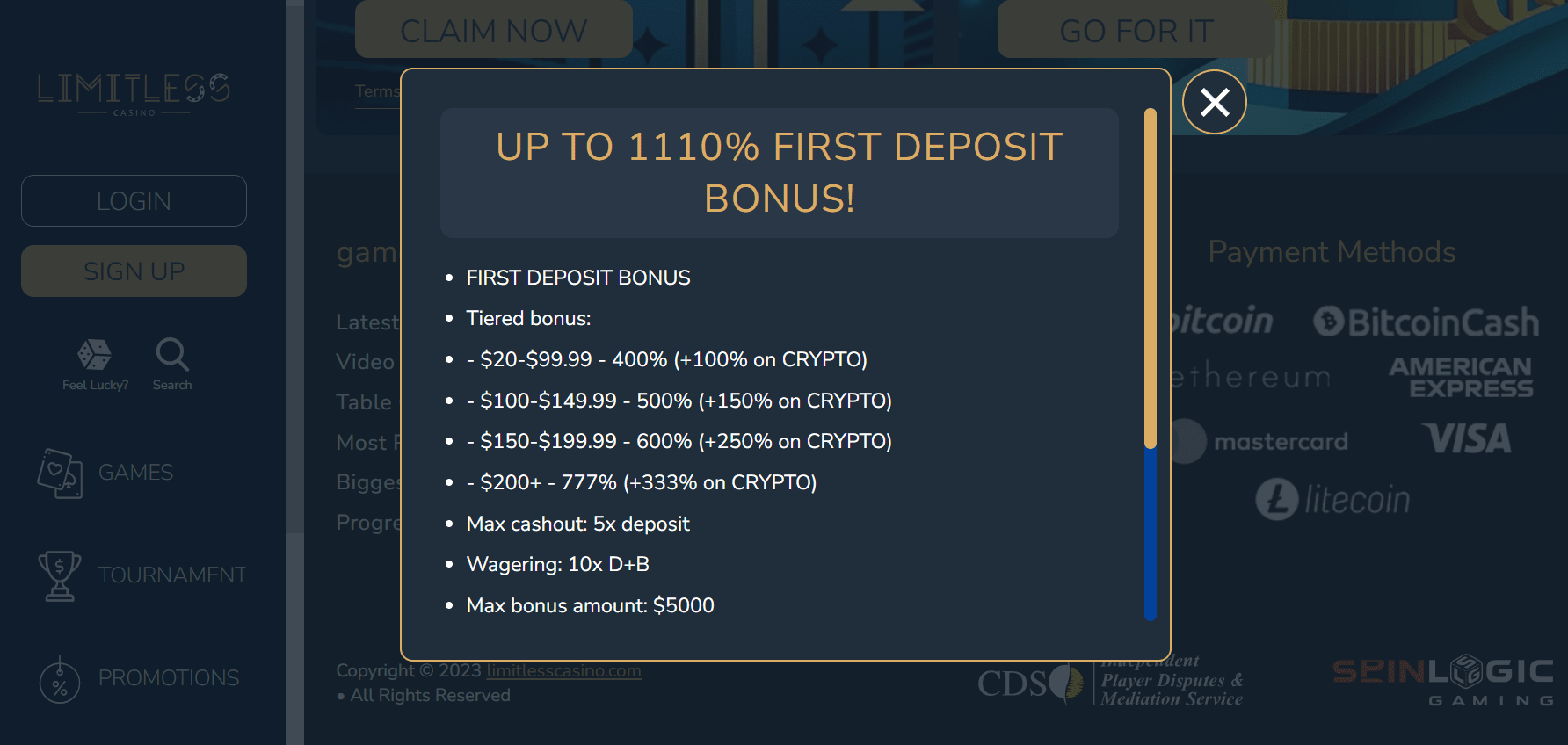 Limitless Casino first deposit bonus