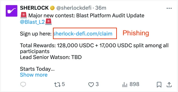 Malicious post from compromised Sherlock's account