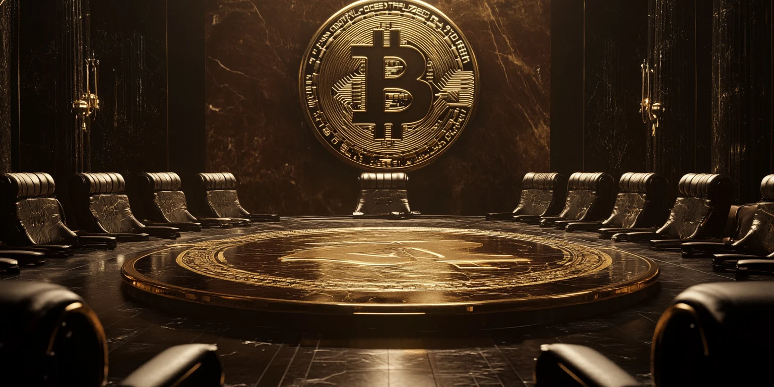 Round table with BTC coin symbol