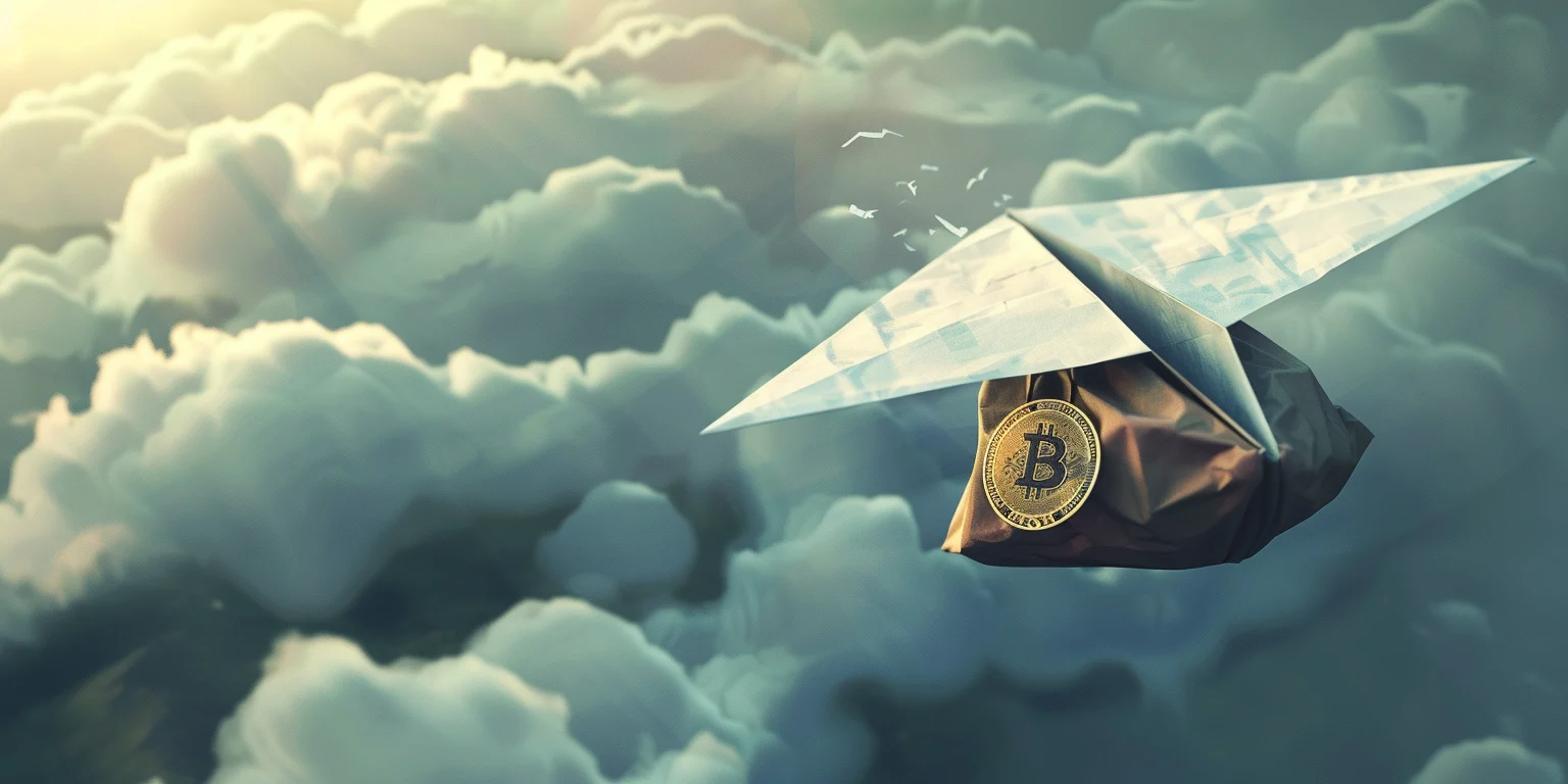 Paper plane carrying a bag of bitcoins