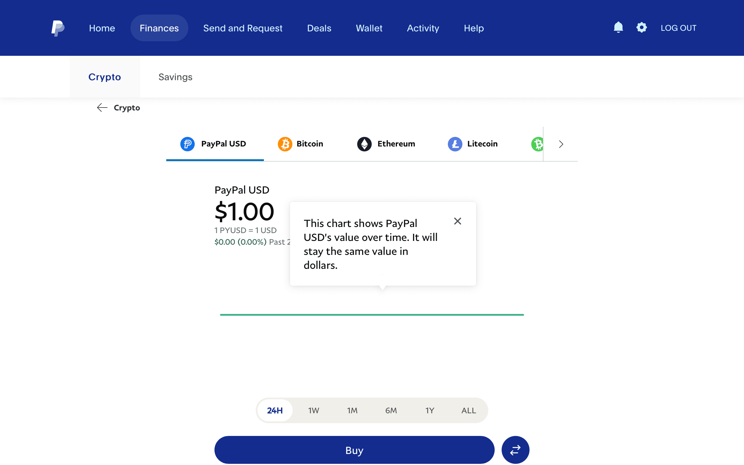 A screenshot showing PayPal's PYUSD section