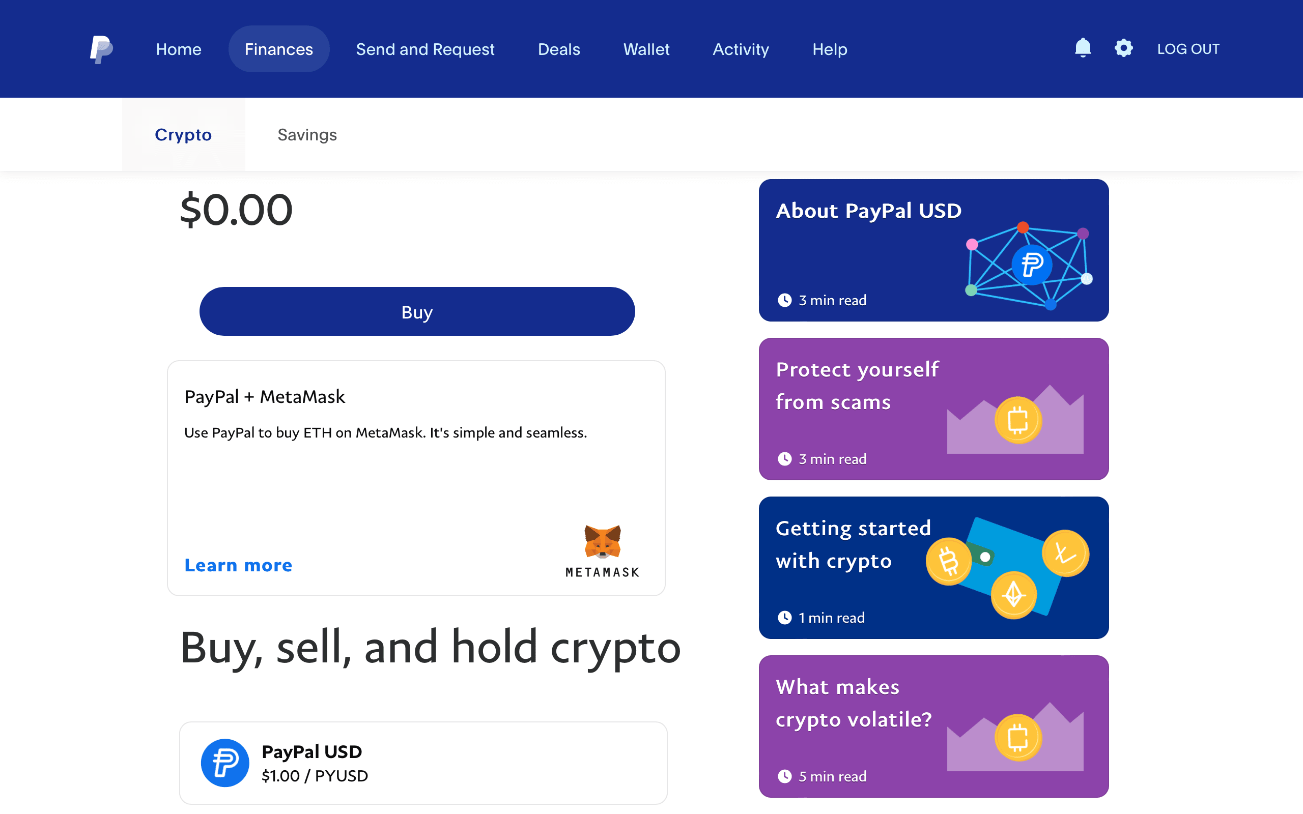 A screenshot showing PayPal's crypto section