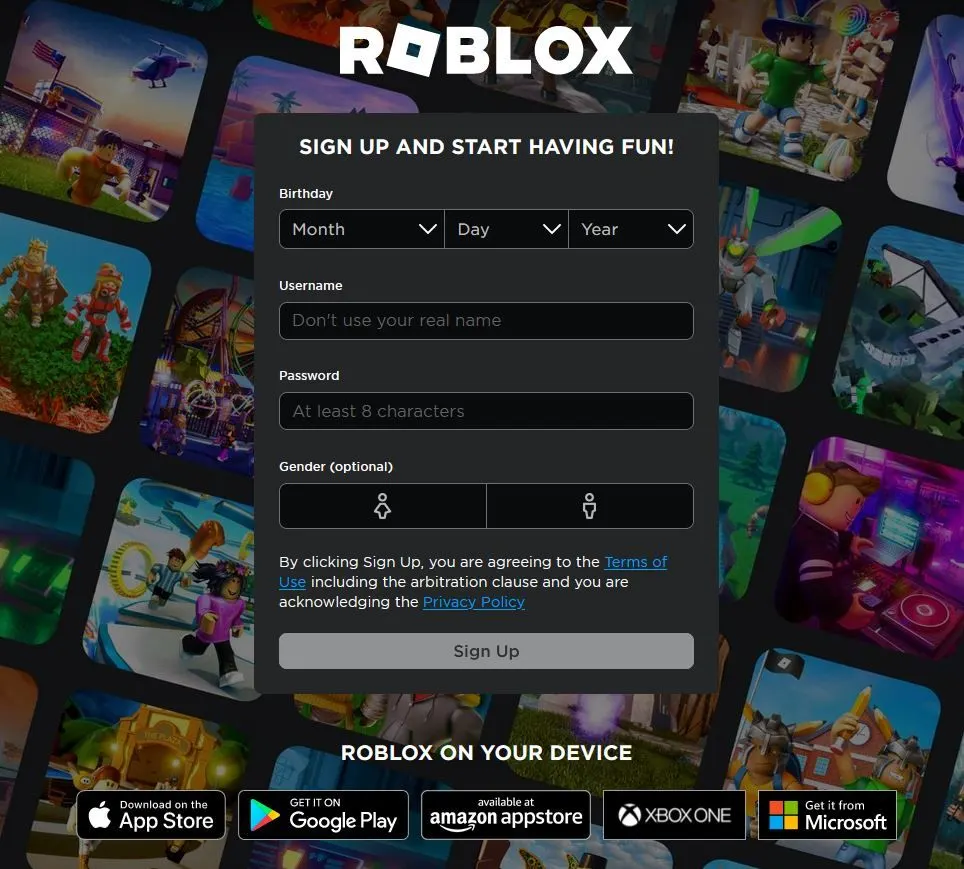 Roblox sign-up page