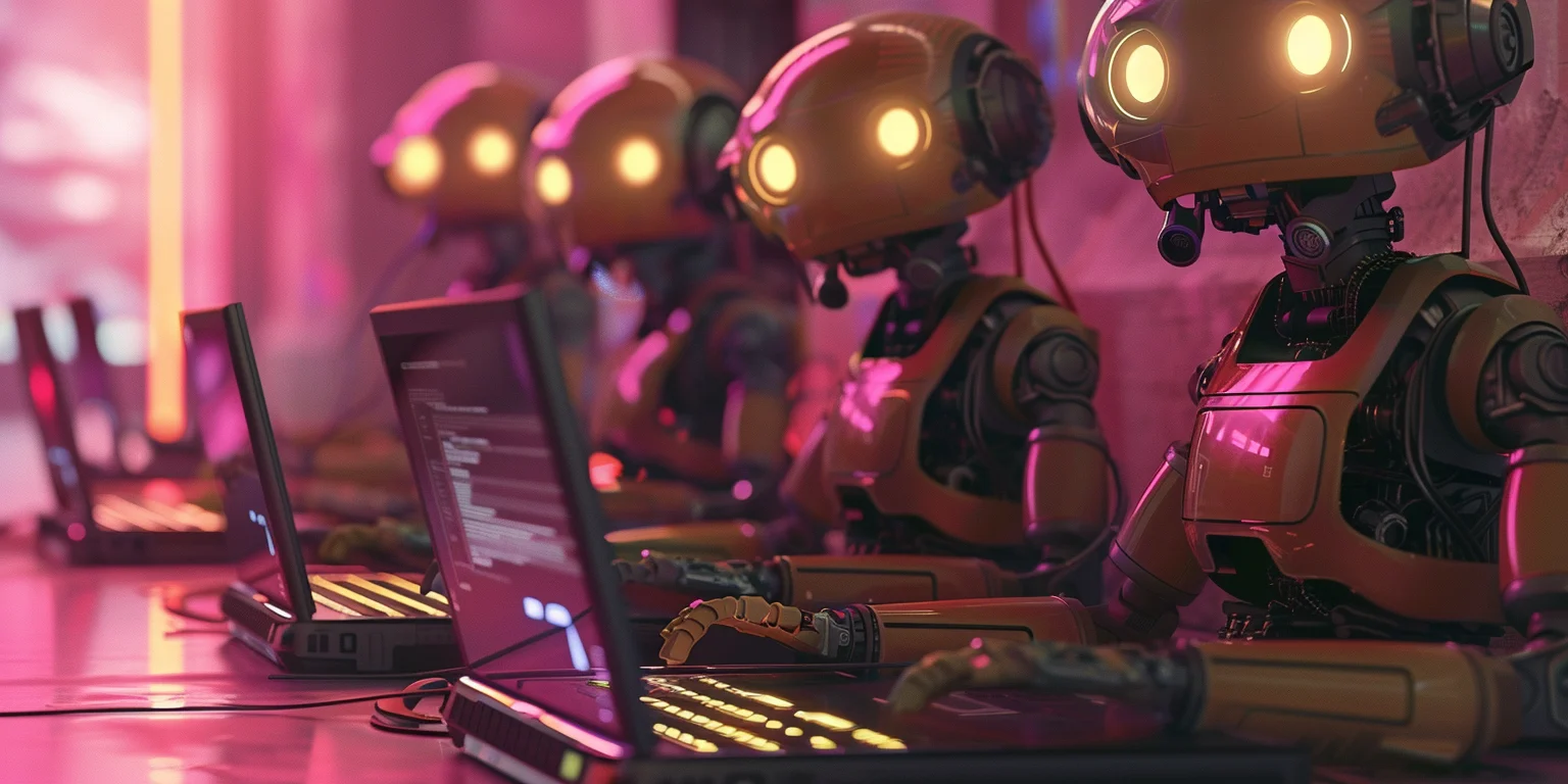 Robots writing on laptops