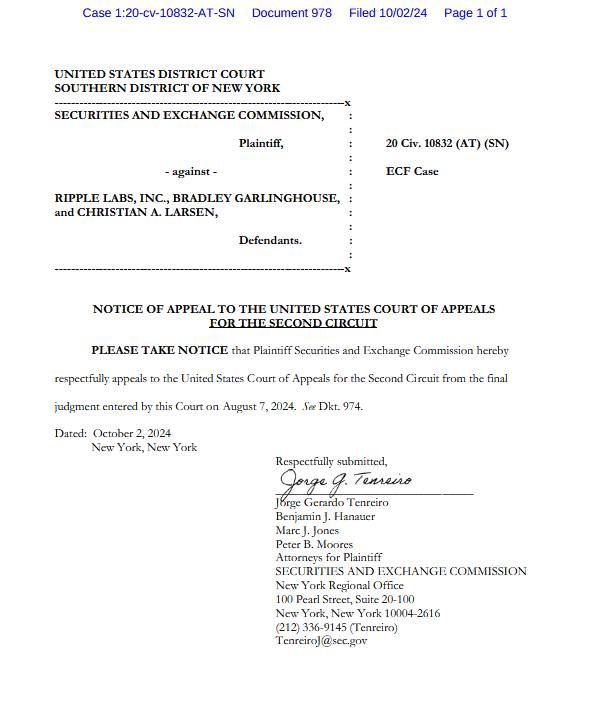 SEC vs Ripple notice of appeal 