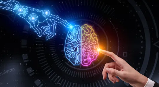 a human and digital hand touching a brain