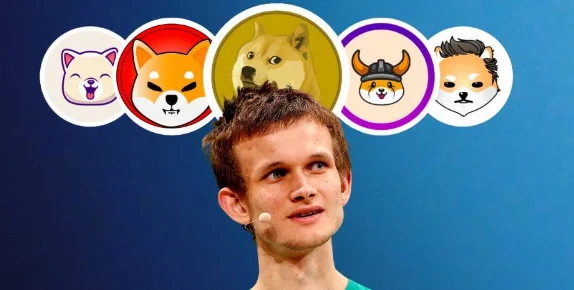 Vitalik Buterin surrounded by meme coins