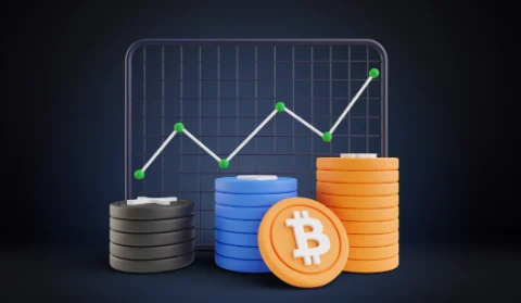 a 3D chart with crypto coins