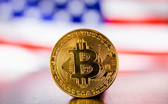 Bitcoin in front of the US flag