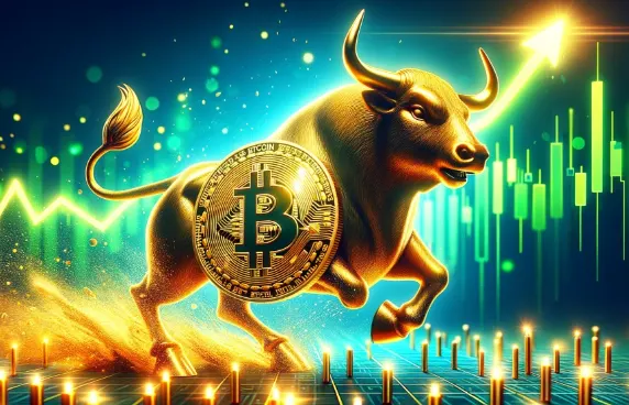 Bitcoin in front of a stock market bull