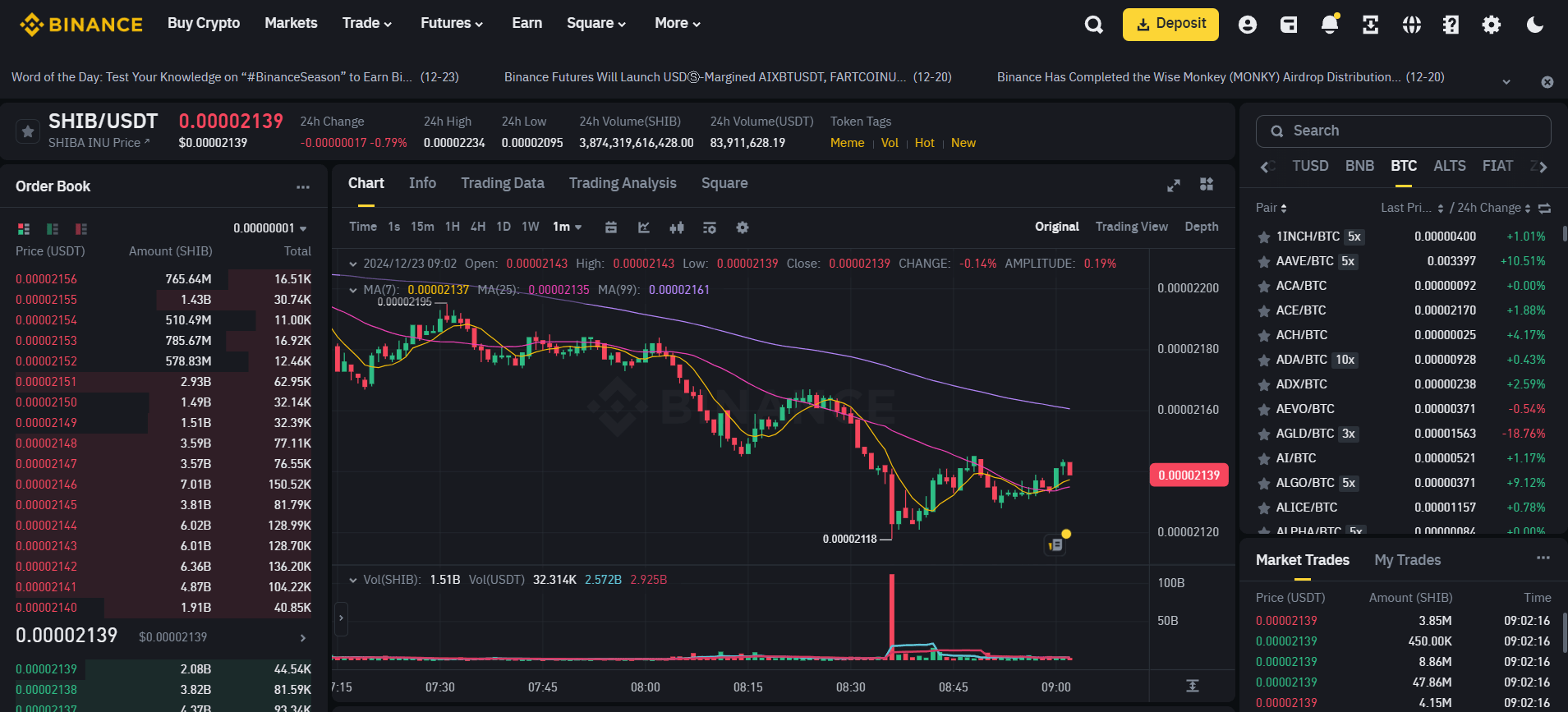 Binance trade screen