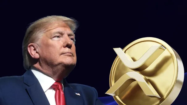 Trump in front of an XRP token