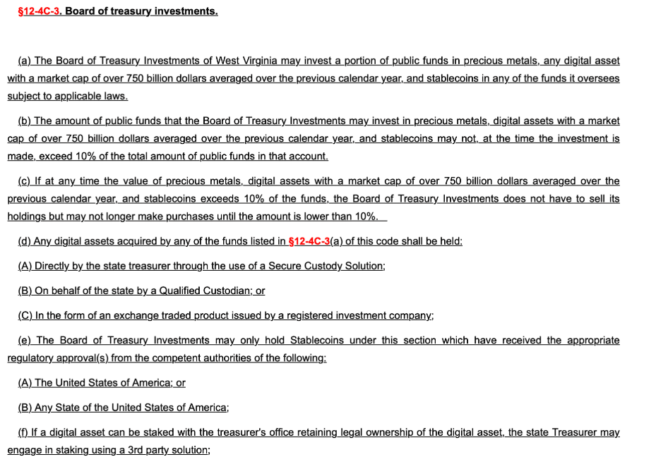 Excerpt of West Virginia Bitcoin reserve bill
