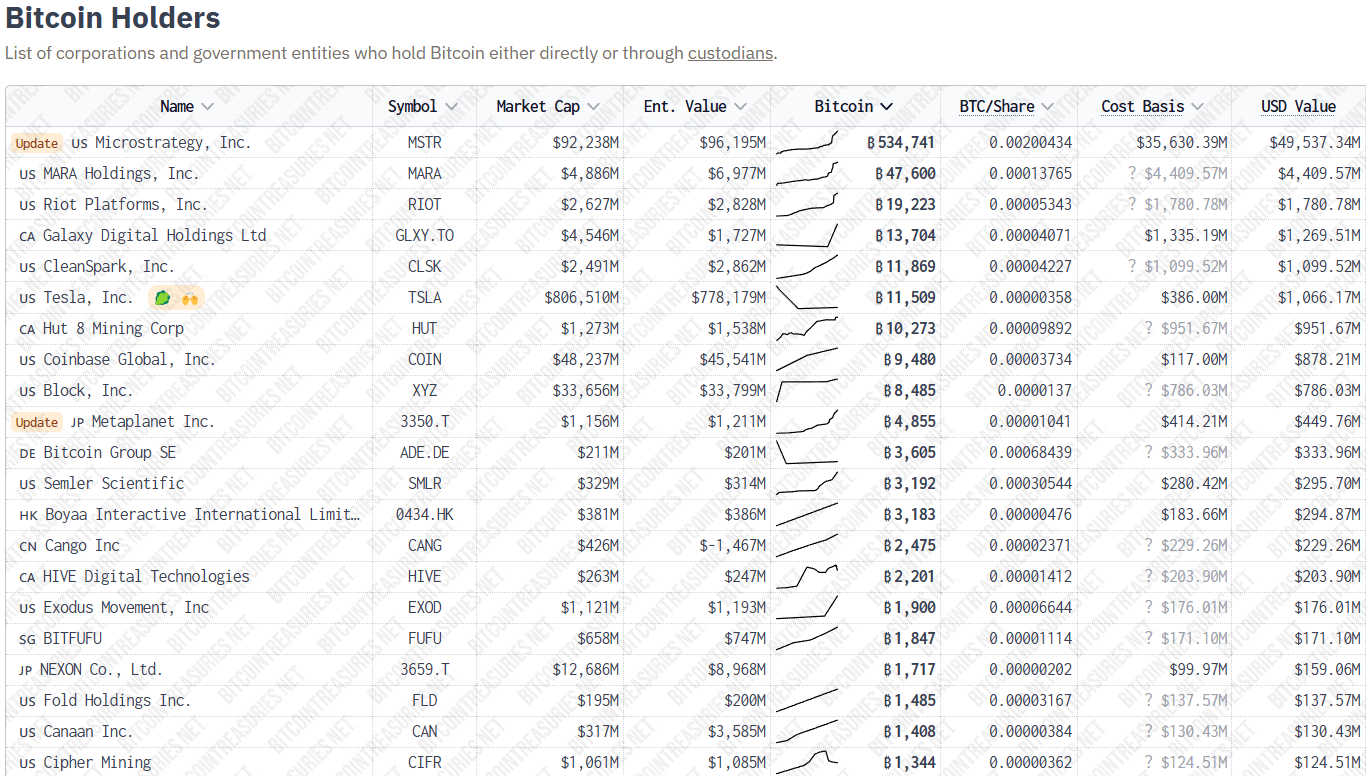 Largest corporate BTC holders