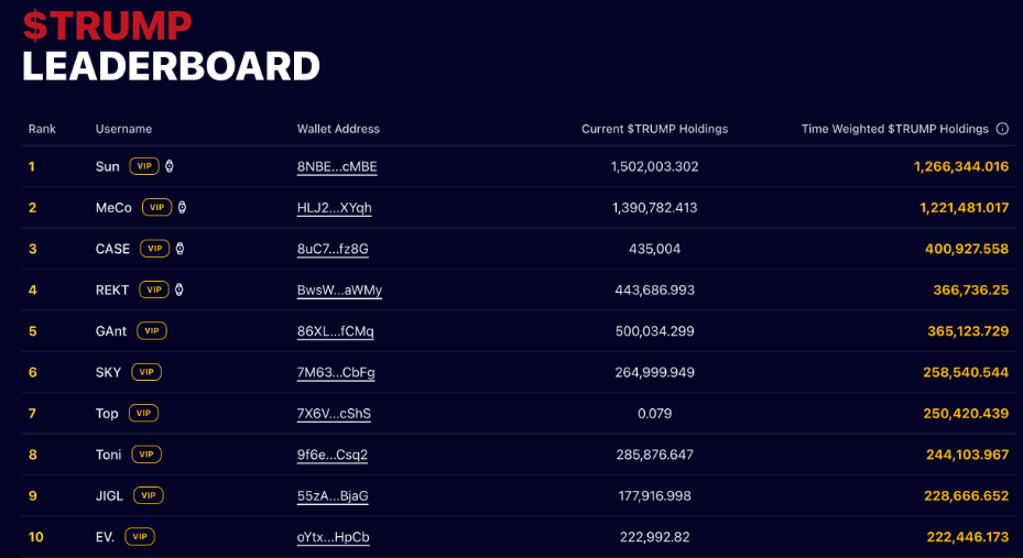 Top TRUMP token holders