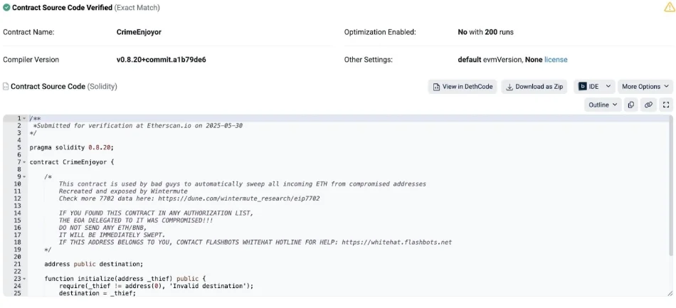 Wintermute’s CrimeEnjoyor contract with a warning statement