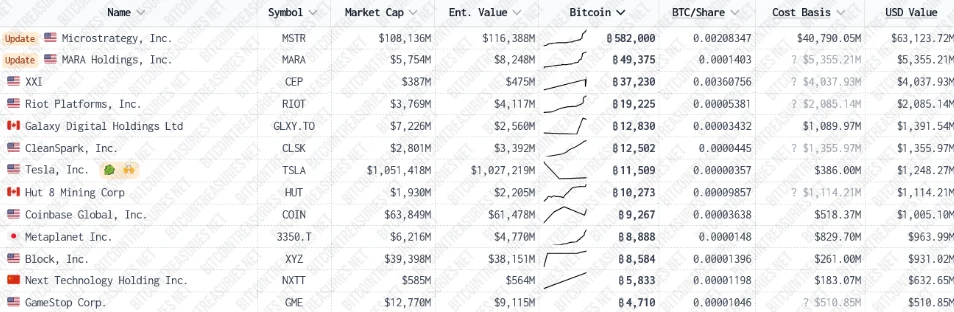 Largest corporate Bitcoin holders