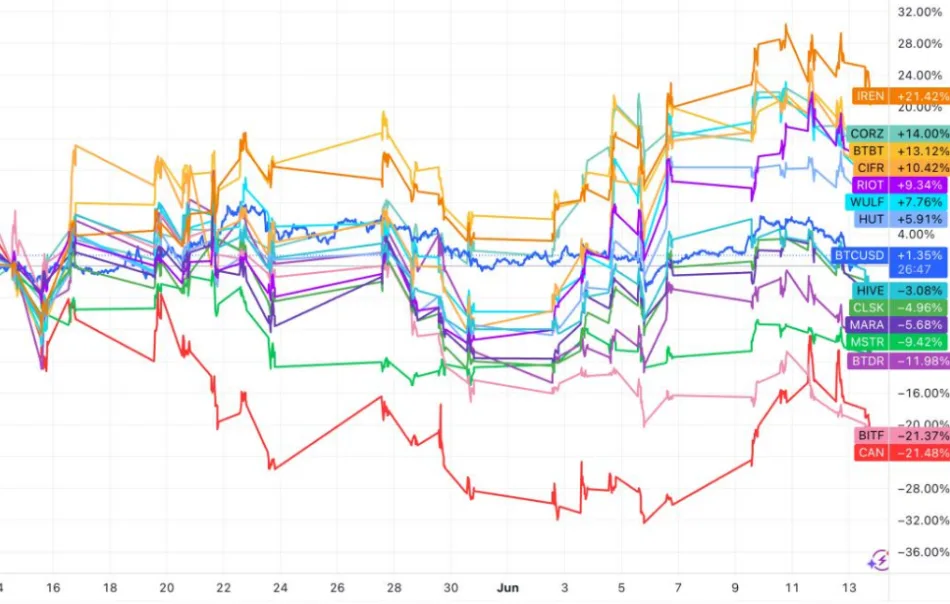Change in share price of top public Bitcoin miners since May 4