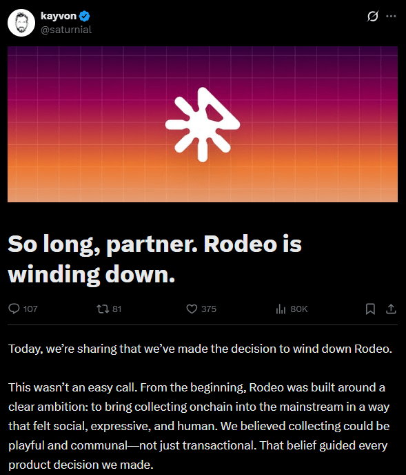 Social NFT Marketplace Rodeo Joins Wave of Platform Closures 5 Post