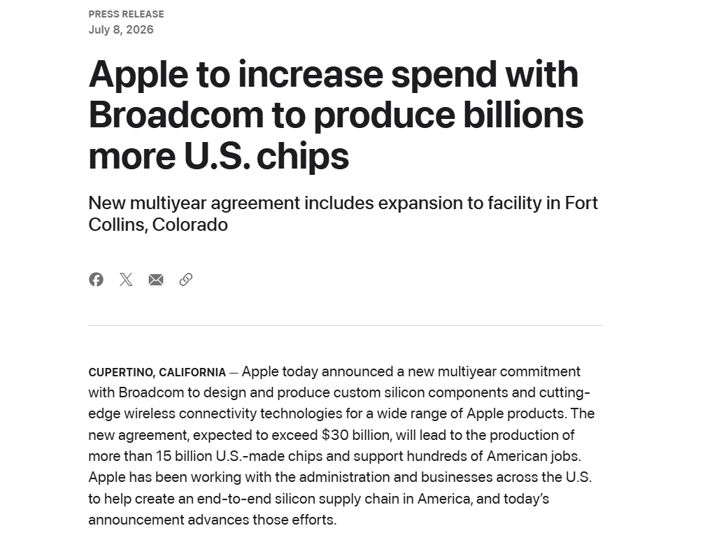 Apple Expands Broadcom Partnership in $30 Billion Manufacturing Push
