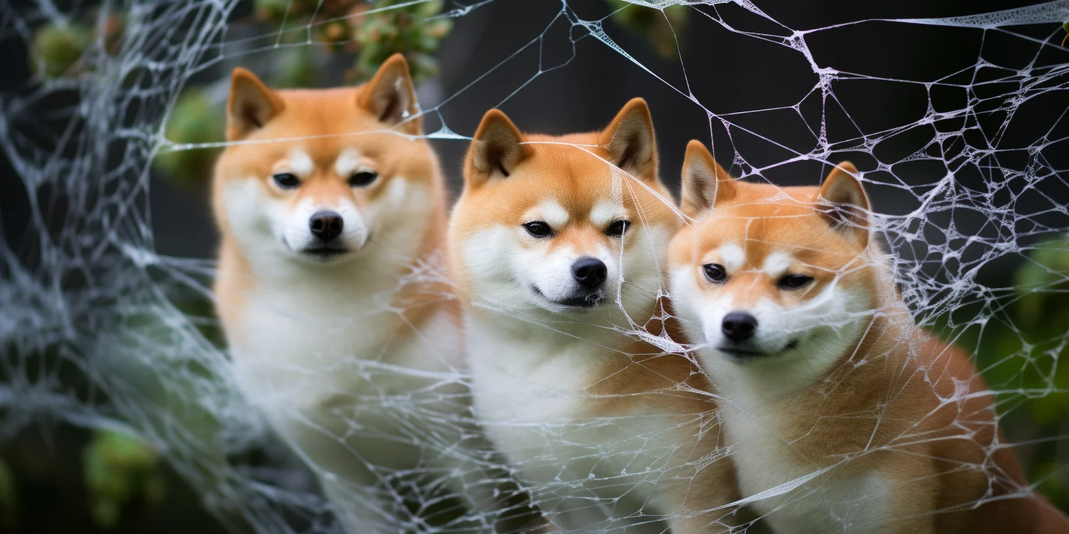 Shiba inu dogs covered in a spider web