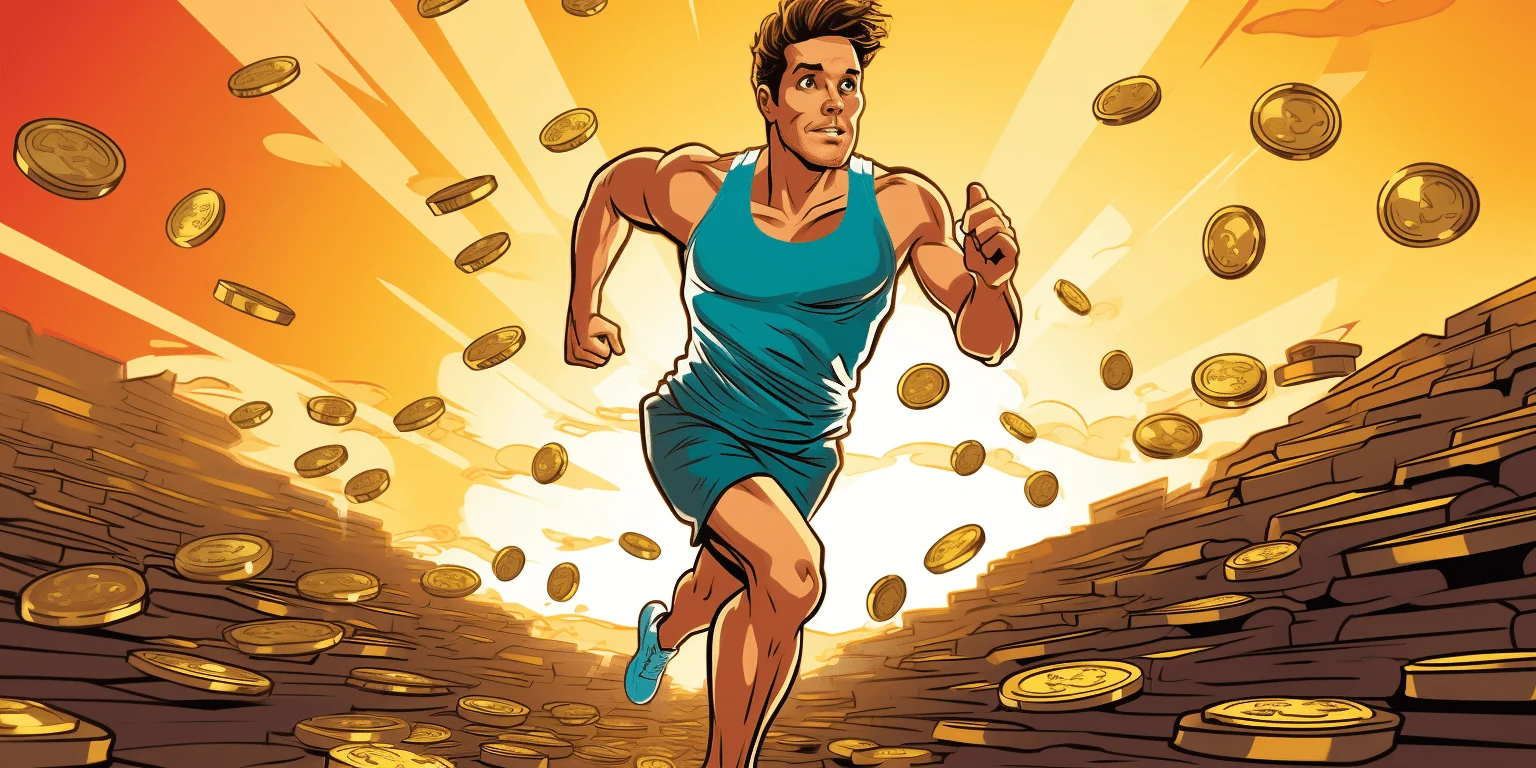 An elite runner athlete running towards the stash of crypto coins, art generated by Midjourney.