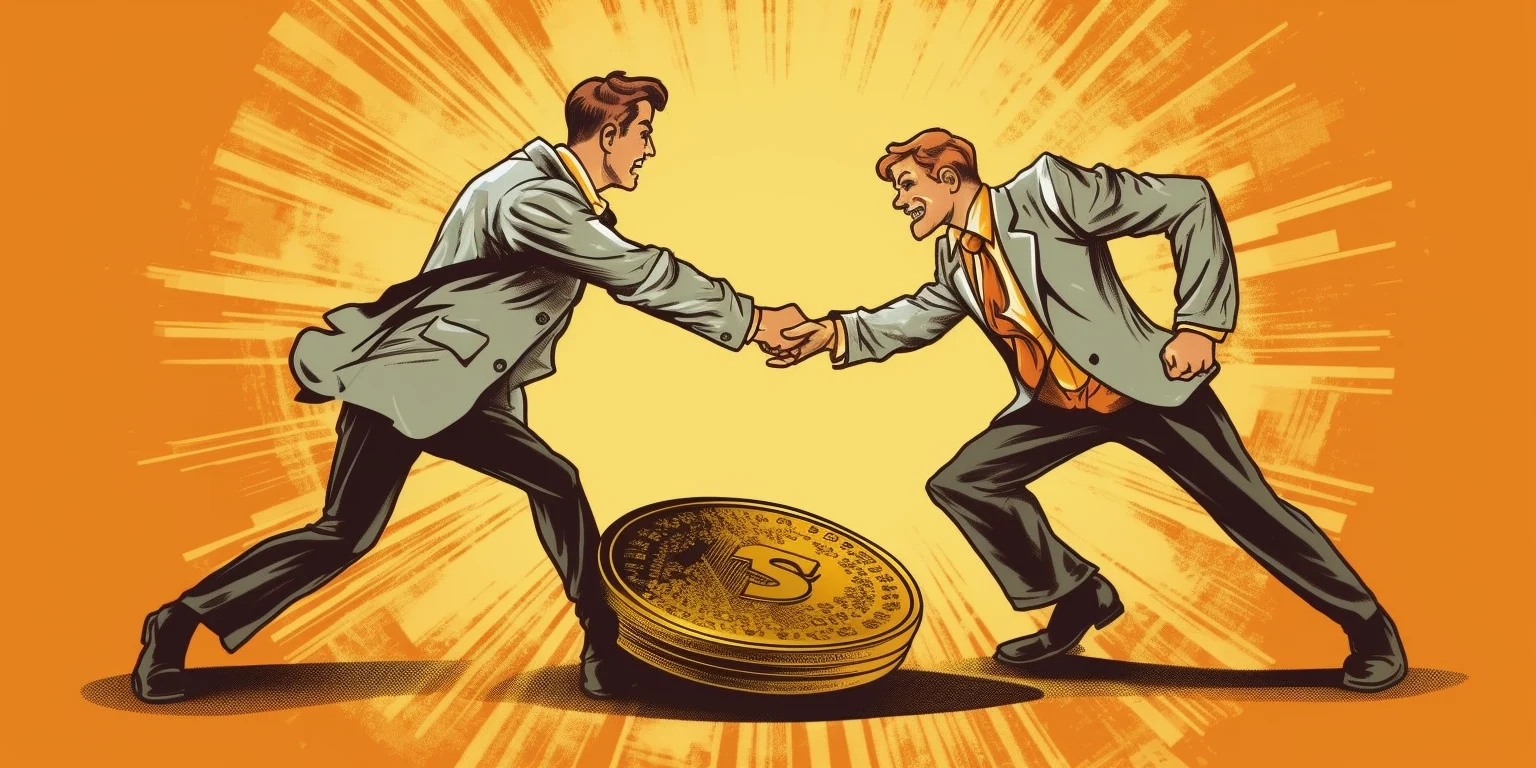Two men fighting over a large gold coin