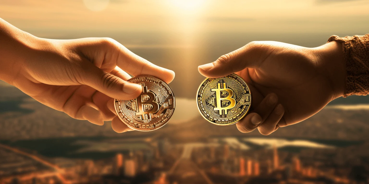 An image showing two people giving Bitcoin to each other