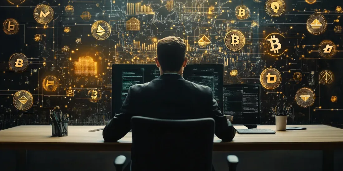 Crypto lawyer sitting at the desk with crypto logos in background, art by Midjourney