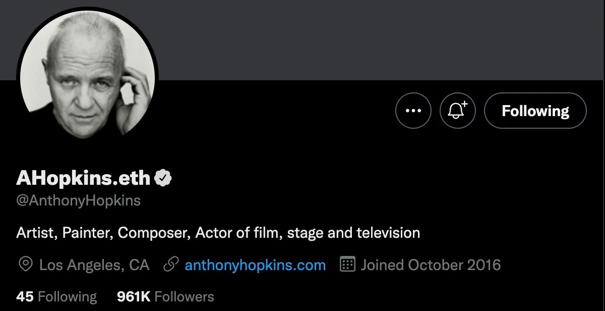 Screenshot of the Twitter bio of Sir Anthony Hopkins