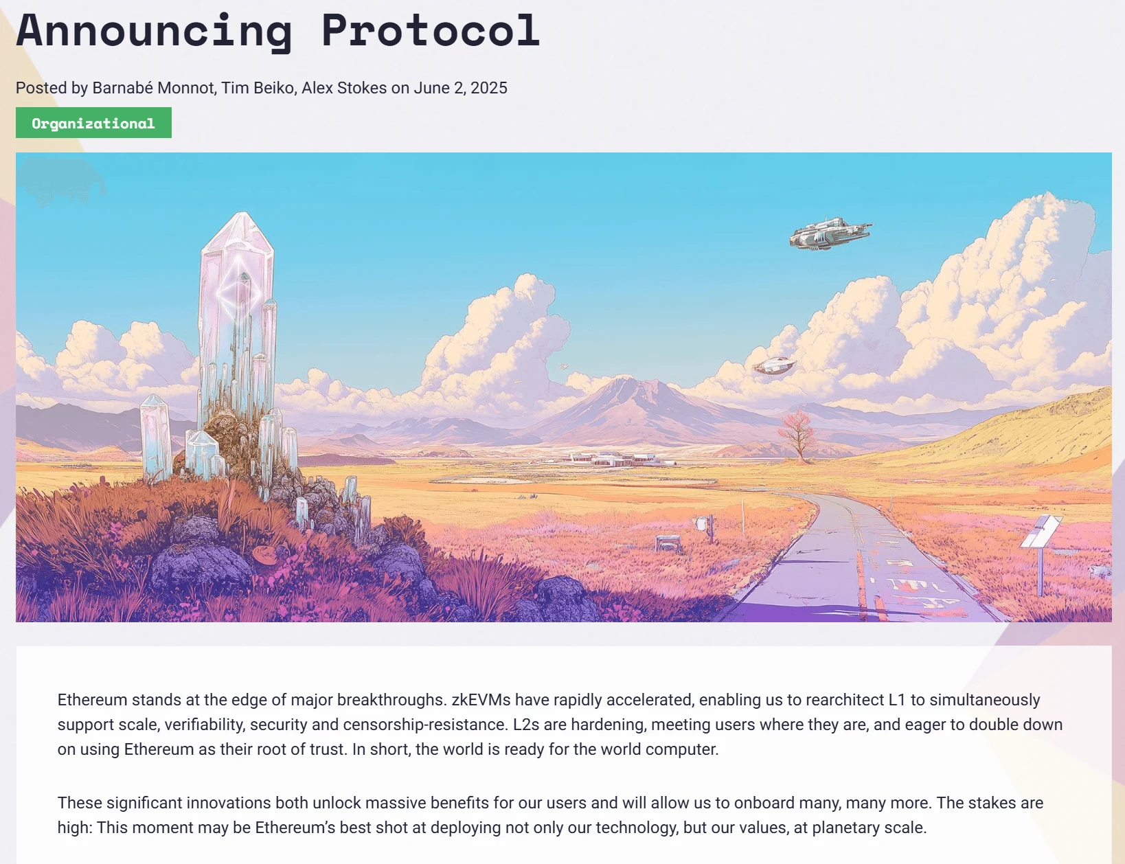 Ethereum Foundation’s restructuring announcement blog post. Source: Ethereum Foundation