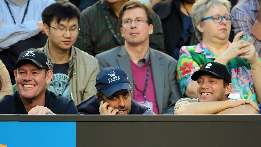 Australian billionaire James Packer, Hollywood producer Brett Ratner and Jordan Belfort at the 2014 Australian Open. Source: themercury