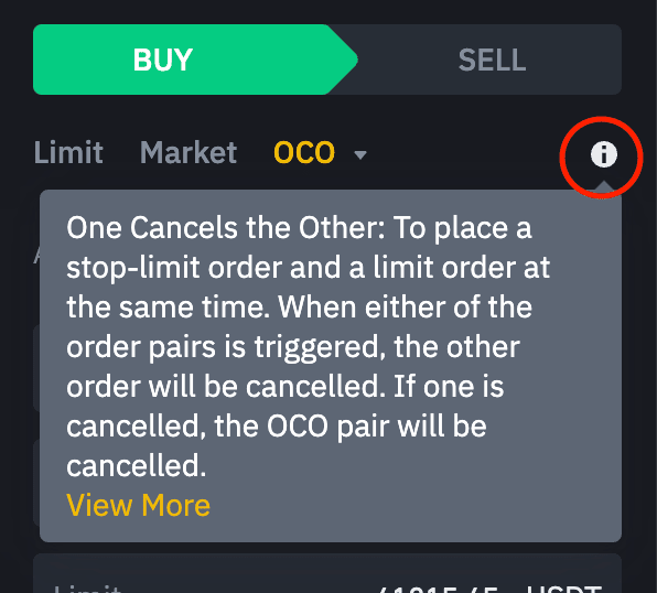 Info box showing Binance's explanation of what OCO means