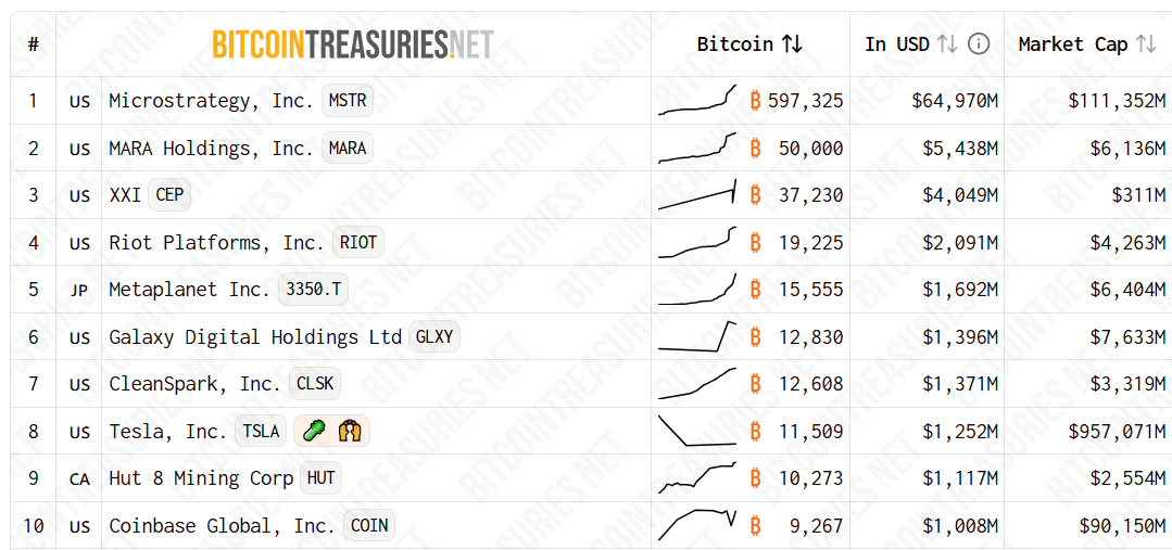 Publicly Traded Bitcoin Treasury Companies. Source: bitcointreasuries.net