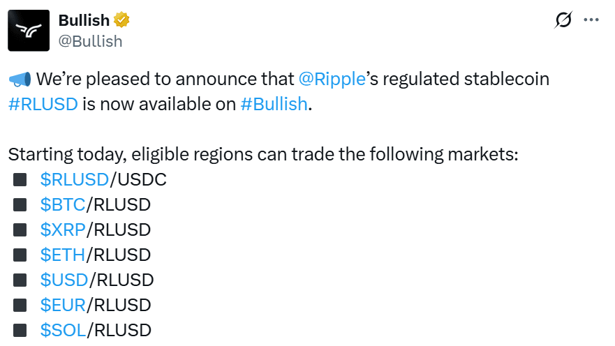 Bullish was one of the first crypto exchanges to list RLUSD. Source: X