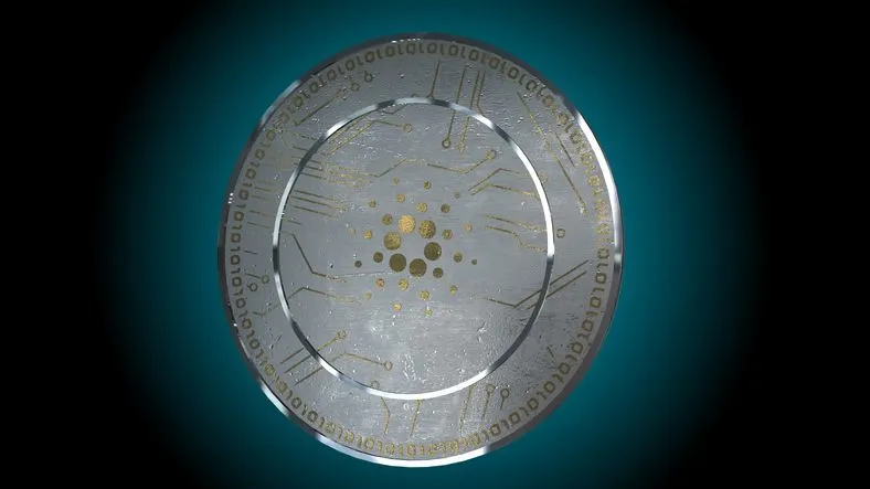 A stock image of Cardano coin on the dark background.