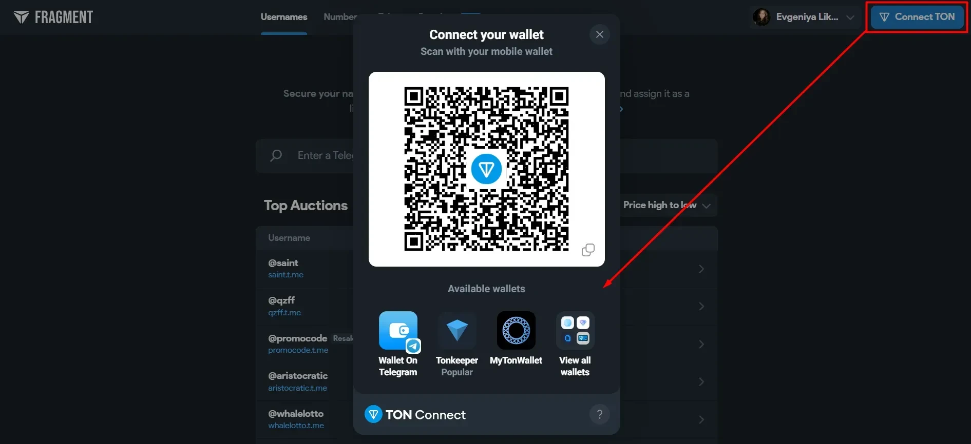 Connecting a wallet to the Fragment platform