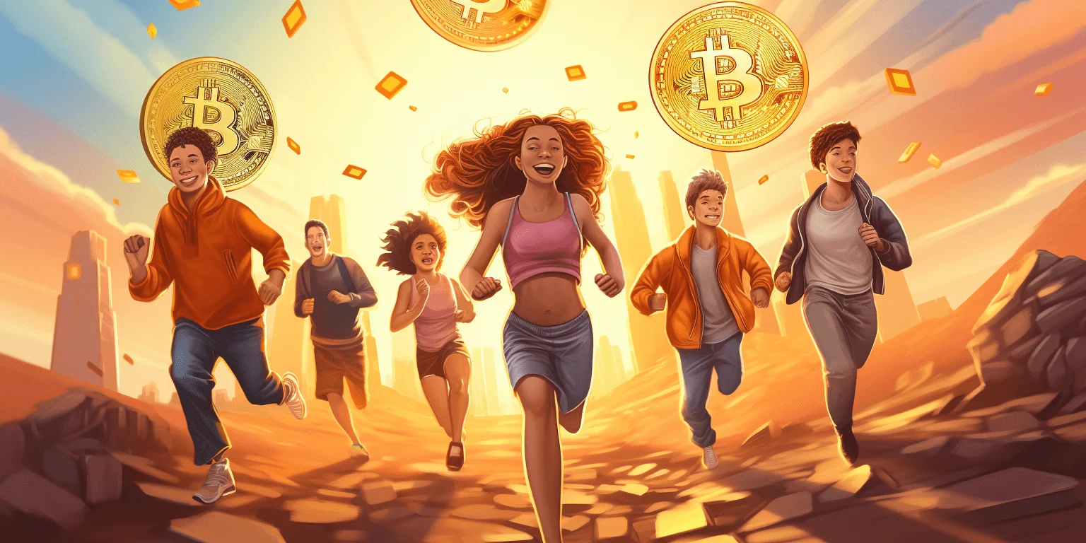 A group of young people running towards world of crypto: art generated by Midjourney